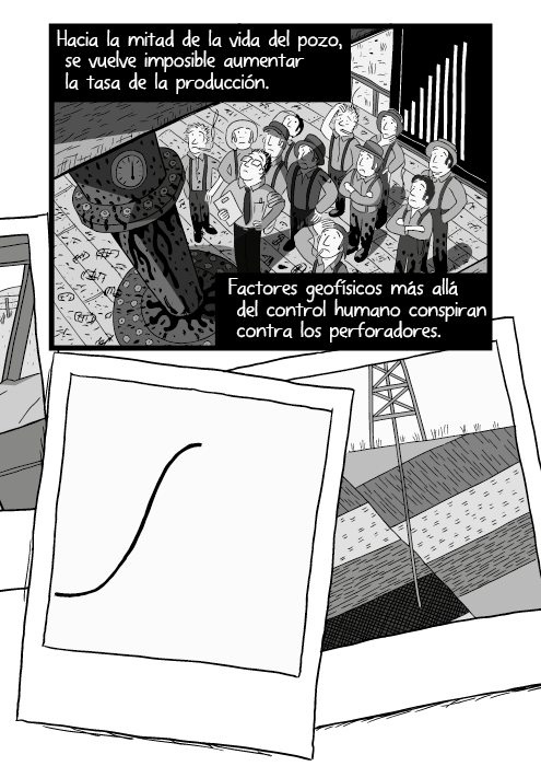Sección en blanco y negro de capas geológicas. Historieta de yacimiento petrolífero. Hacia la mitad de la vida del pozo, se vuelve imposible aumentar la tasa de la producción. Factores geofísicos más allá del control humano conspiran contra los perforadores.