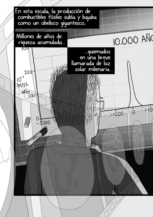 Vista sobre el hombre de un hombre mirando al plano de arquitectura. Dibujo en blanco y negro. En esta escala, la producción de combustibles fósiles subía y bajaba como un obelisco gigantesco. Millones de años de riqueza acumulada, quemados en una breve llamarada de luz solar milenaria…